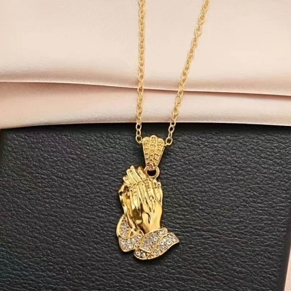 Gold Praying Hands Pendant Necklace